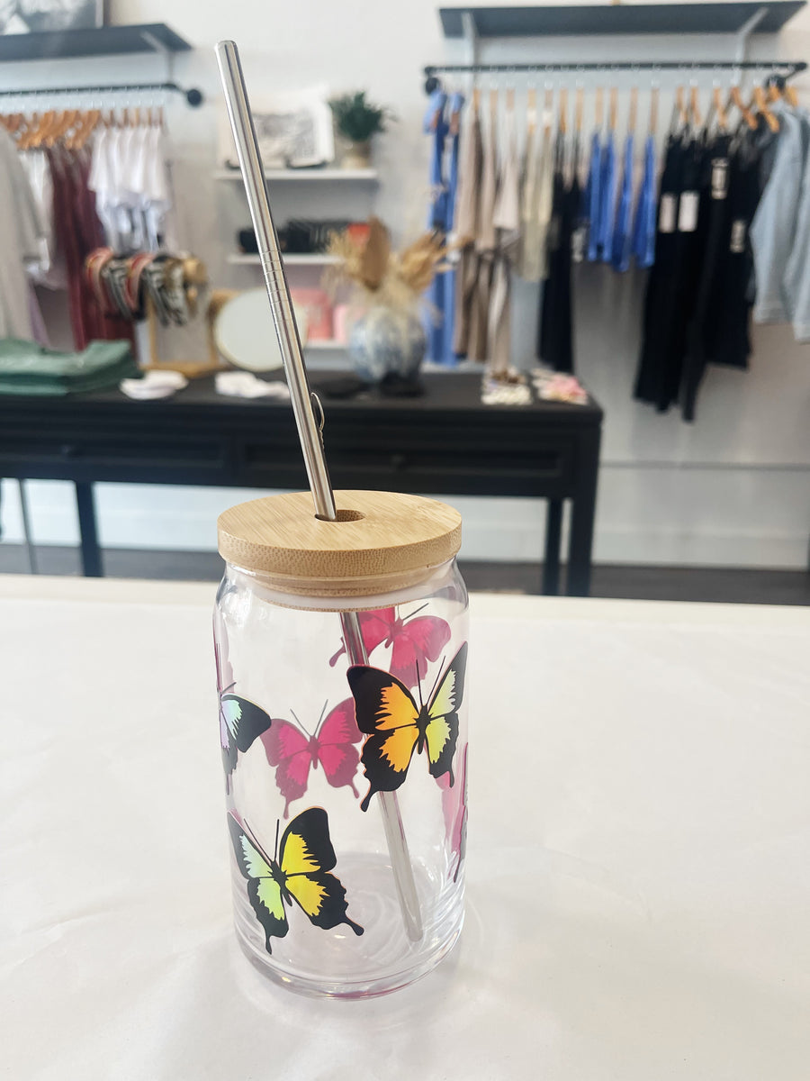 BUTTERFLY glass can cup with bamboo lid & straw | beer glass can cup | iced  coffee glass can cup | soda can glass cup